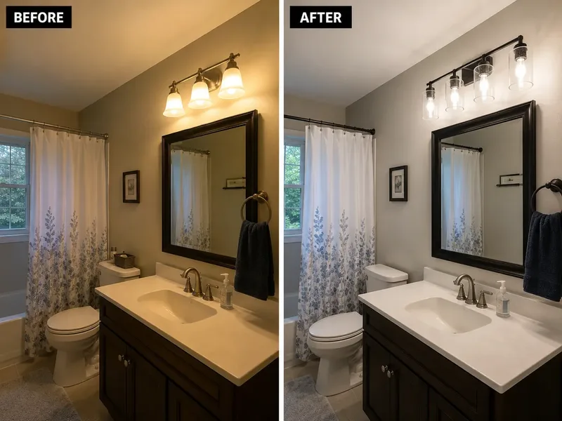 Before and after: bathroom vanity light replaced from old brass globe to modern industrial bar light