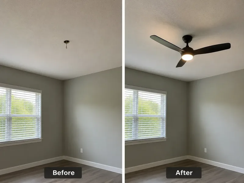 Before and after: modern 3-blade black ceiling fan installed where bare ceiling wire existed