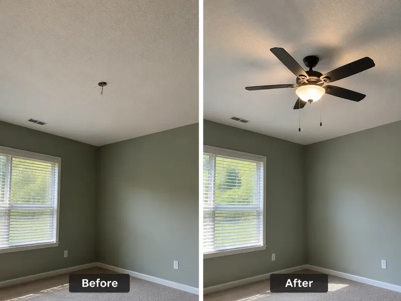 Before and after: 5-blade black ceiling fan with pull chain installed in bedroom with green walls