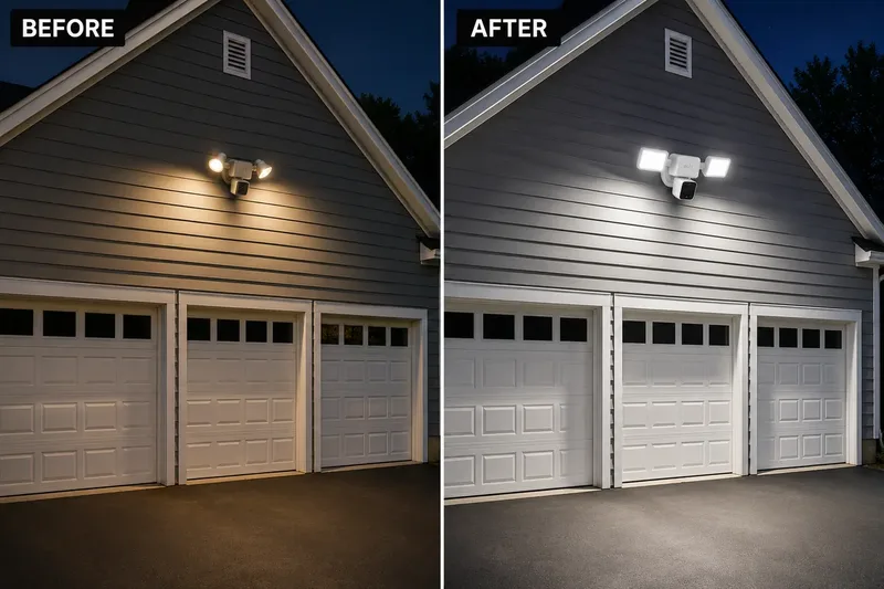Before and after: floodlight camera upgrade on vinyl siding garage in Huntingdon Valley, PA