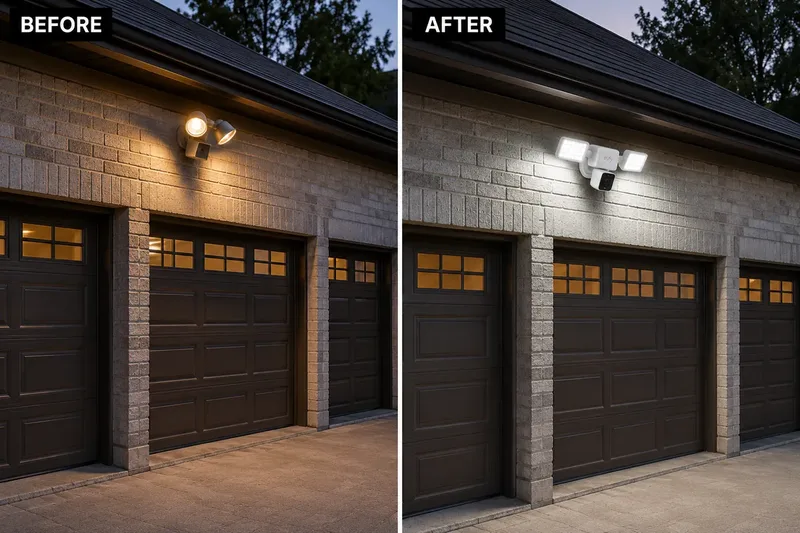 Before and after: floodlight camera installed on brick garage in Levittown, PA