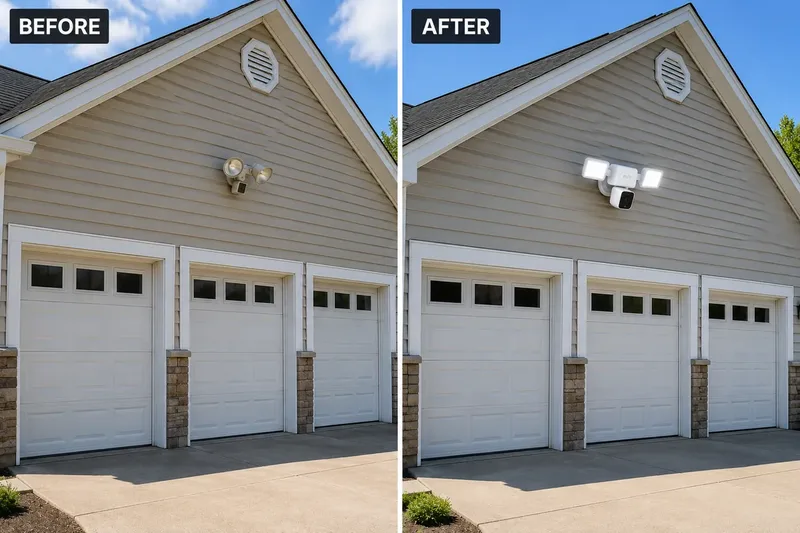 Before and after: Ring floodlight camera installed on 3-car garage in Washington Crossing, PA