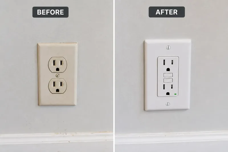 Before and after: old two-prong outlet upgraded to GFCI outlet