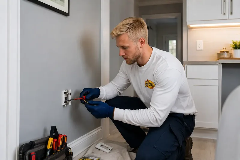 Mister Sparky electrician installing a new outlet in a residential home