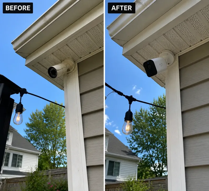 Before and after: security camera upgrade on back porch eave in Ardmore, PA