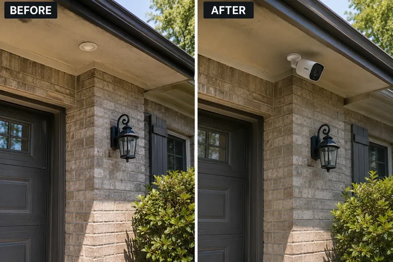 Before and after: security camera installed under front eave on brick home in Levittown, PA