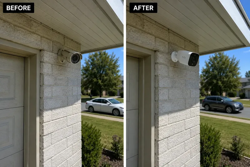 Before and after: security camera upgrade on brick garage wall in Newtown, PA