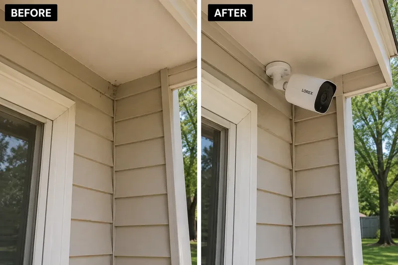 Before and after: security camera installed under eave corner in Yardley, PA