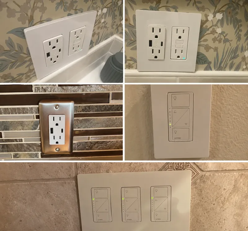 Collage showing Lutron Caseta smart dimmer and USB outlet installations throughout the home