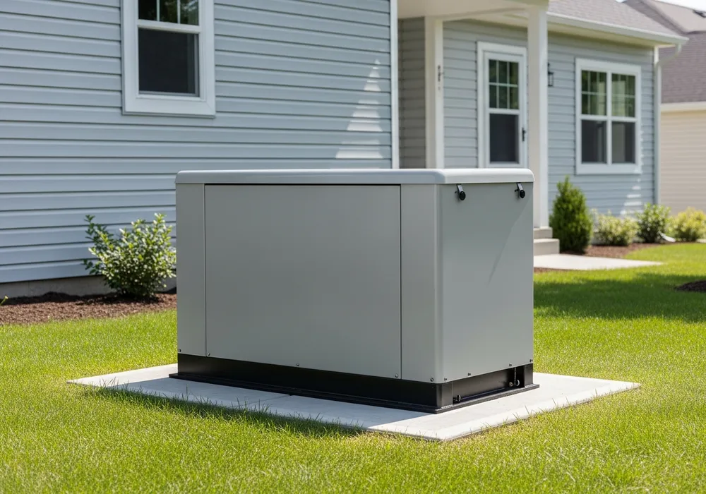 Residential standby backup generator installed on a concrete pad beside a suburban home